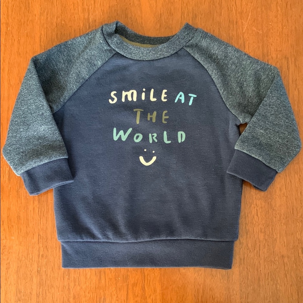 🍊5/$25 Primark Blue Raglan Sweatshirt Smile Design size 9-12m